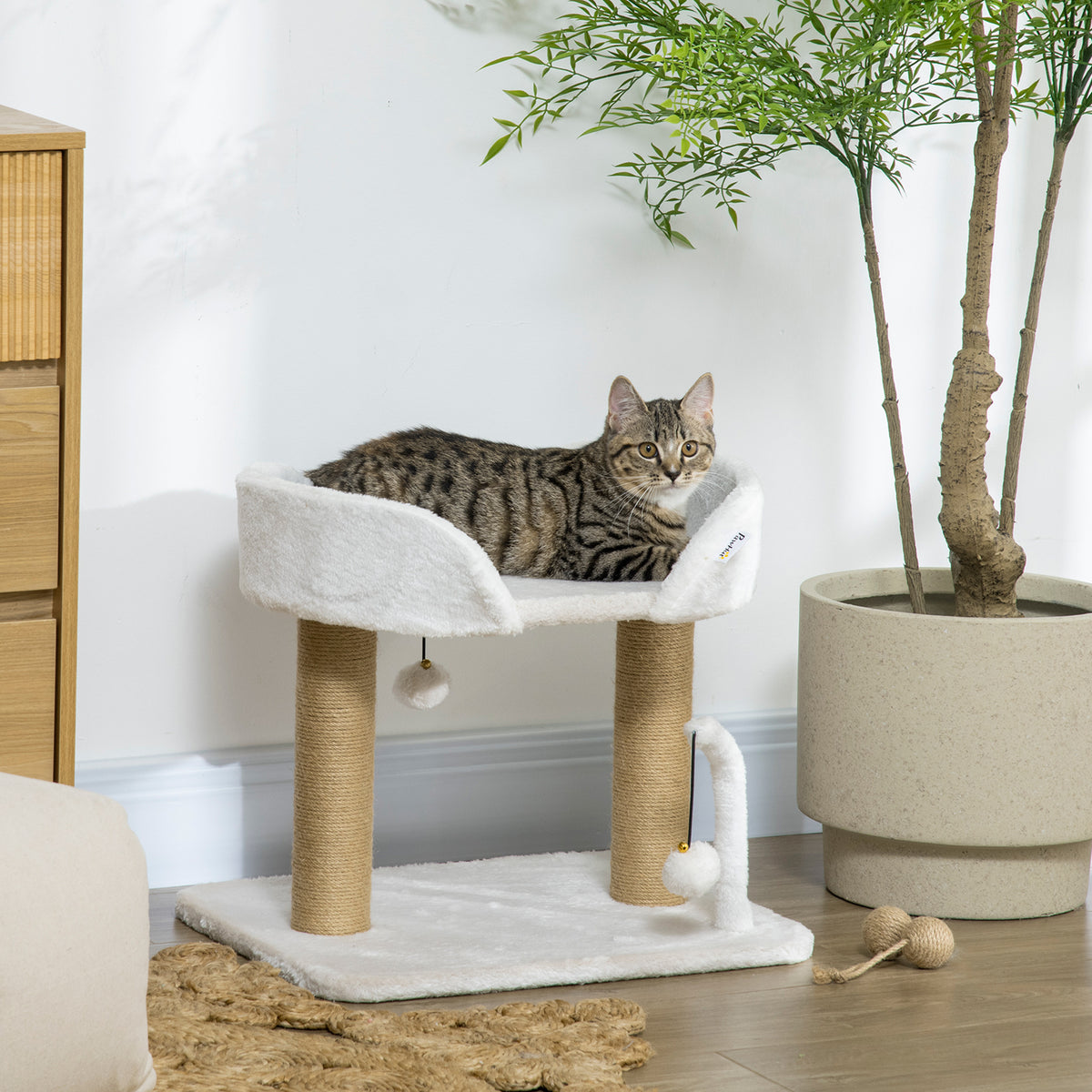 Arranhador para Gatos Pequenos Altura 42 cm Arranhador para Gatos com Cama Bolas Supensas e Postes de Juta 48x38x42 cm Branco — foto 2