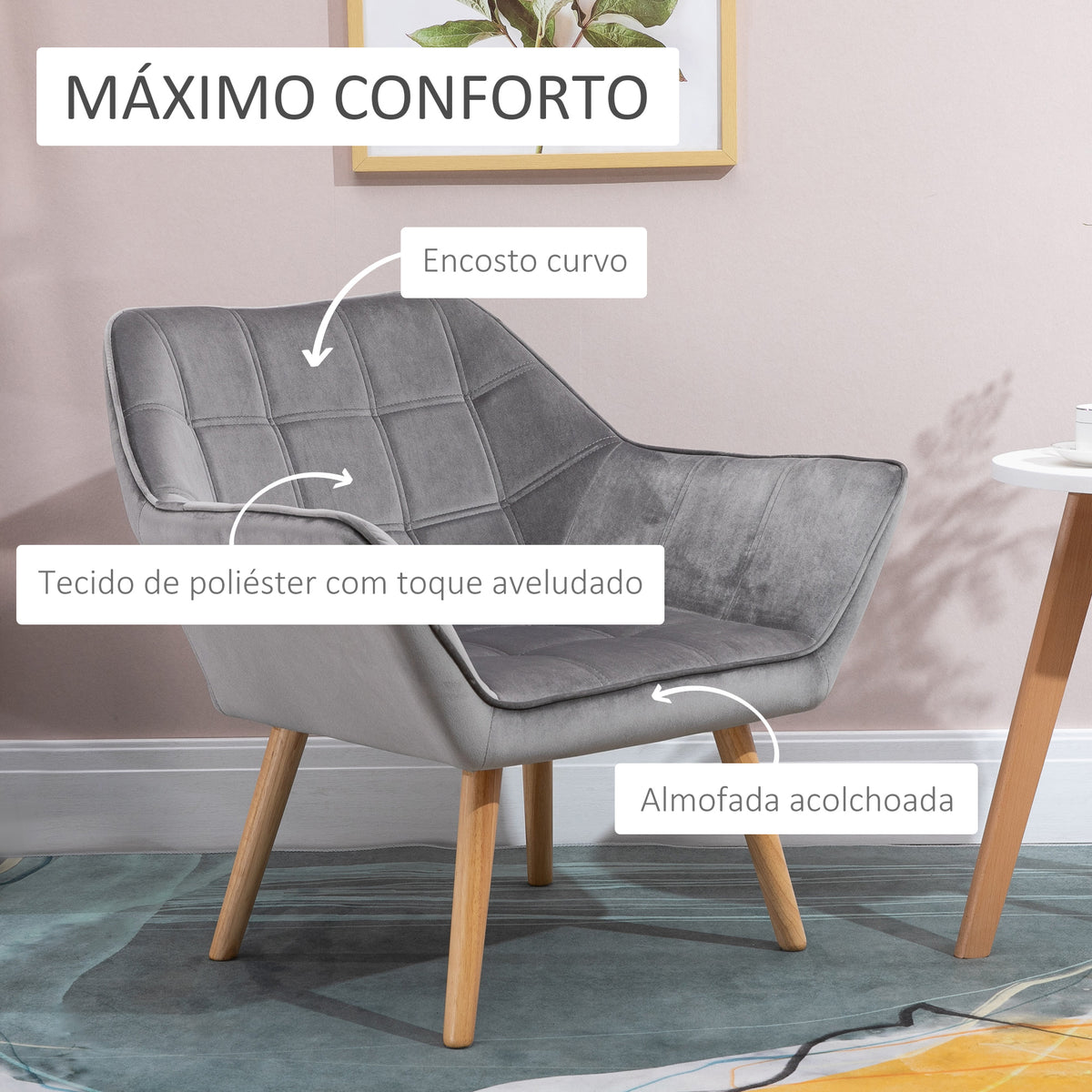 Poltrona Moderna Poltrona de Leitura Estofada em Veludo com Assento Amplo Pés em Madeira Poltrona Relax para Sala de Estar Quarto 67x61,5x71 cm Cinza — foto 4