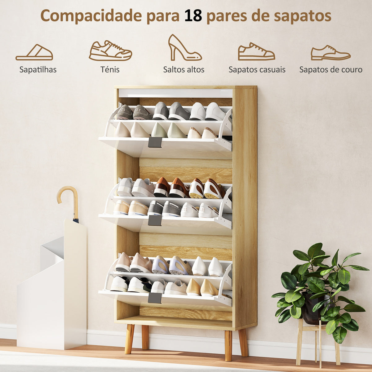 Sapateira Estreita com 3 Portas em Branco Brilhante Sapateira de Entrada com Prateleiras Ajustáveis e Pernas de Madeira para 18 Pares de Sapatos 60x24x127 cm Branco — foto 5