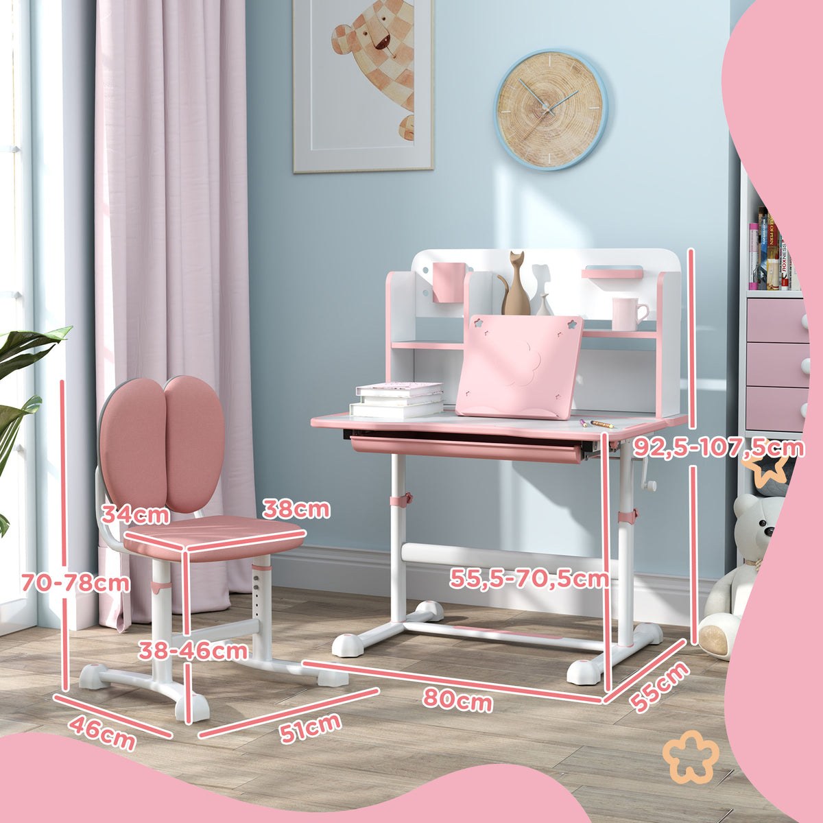 Conjunto de Secretária e Cadeira para Crianças acima de 3 Anos Secretária Infantil Altura Ajustável com Tampo Inclinável Gaveta e Prateleiras Encosto Acolchoado, para Livros 80x55x107,5 cm Rosa — foto 3