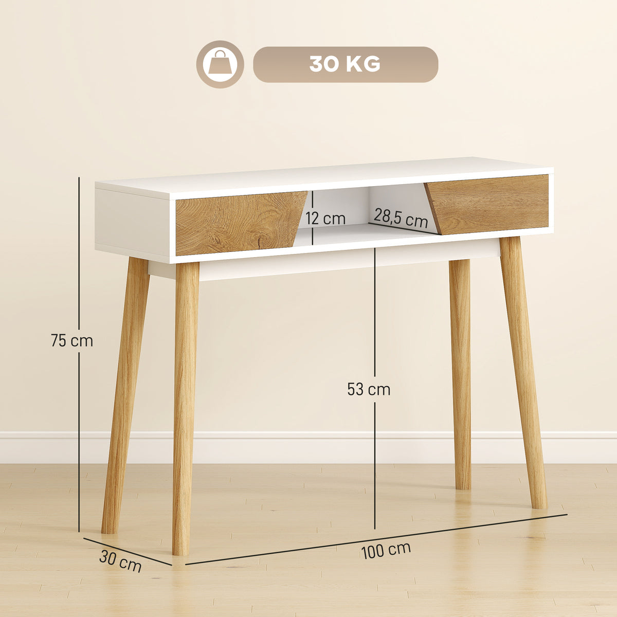 Mesa de Consola Estreita Consola de Entrada Mesa Consola Moderna com 2 Gavetas Compartimento e Pés de Madeira para Corredor Entrada Sala de Estar Dormitório 100x30x75 cm Branco — foto 3
