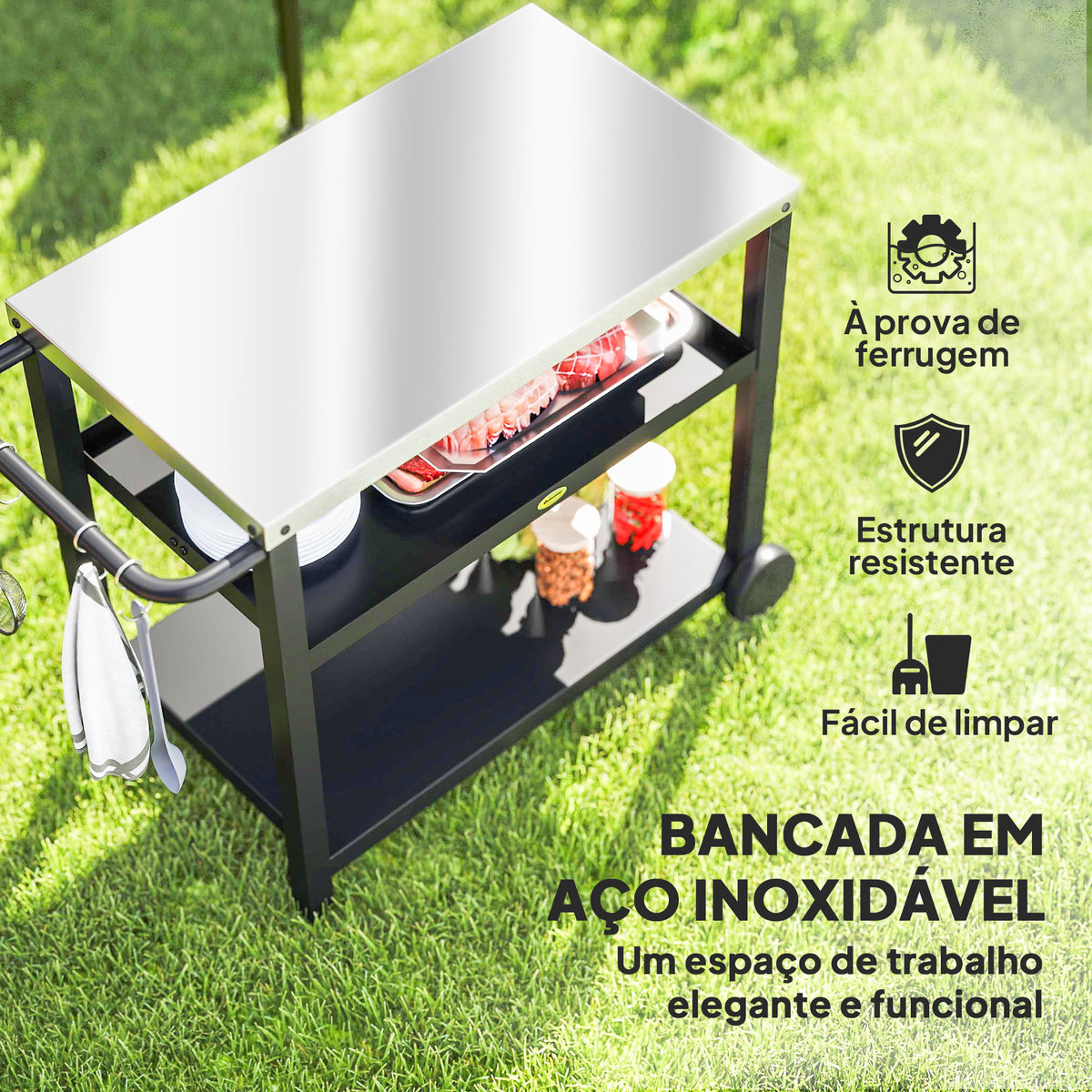 Carrinho de Barbecue de 3 Níveis Carrinho de Serviço com 2 Rodas Prateleiras Bancada em Aço Inoxidável e Alça Mesa para Forno de Pizza para Jardim e Pátio 102x50x81 cm Cinza Carvão — foto 4