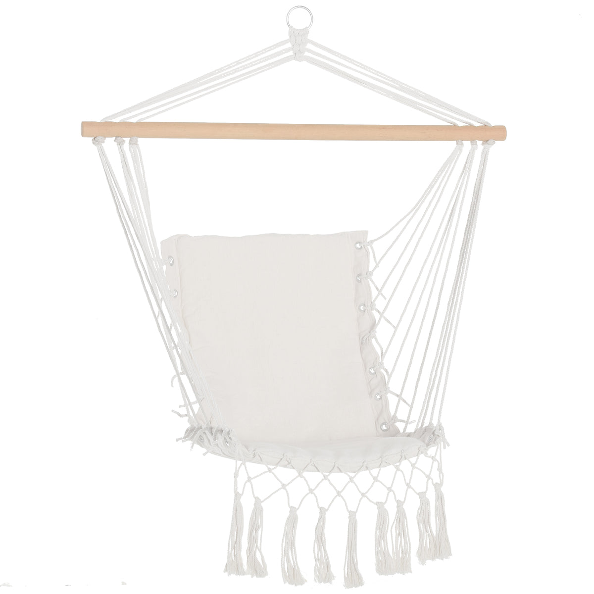 Cadeira Suspensa com Borlas Cadeira Rede Suspensa de Algodão Capacidade 120 kg Cadeira Baloiço Estilo Moderno para Interior e Exterior 90x50 cm Bege — foto 1