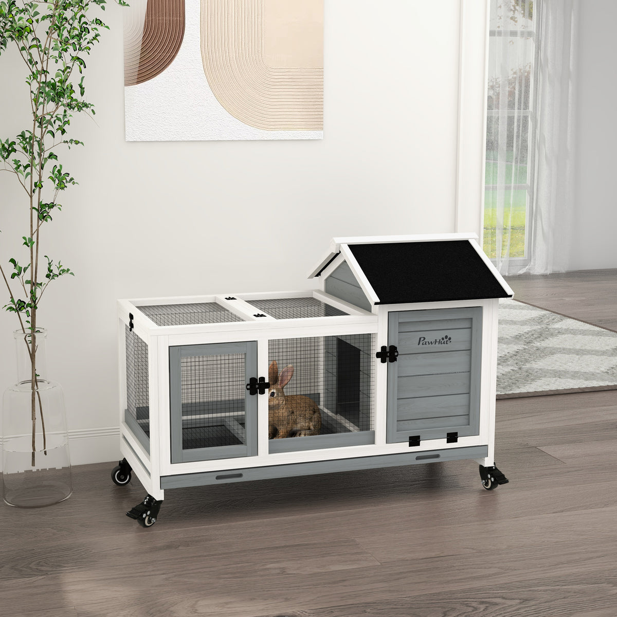 Coelheira de Madeira com Rodas 108x58x73,5cm Gaiola para 1-2 Coelhos com Teto Abatível Cerca Metálica Bandeja Amovível Portas com Trava e Rampa Marrom Cinza e Branco — foto 2