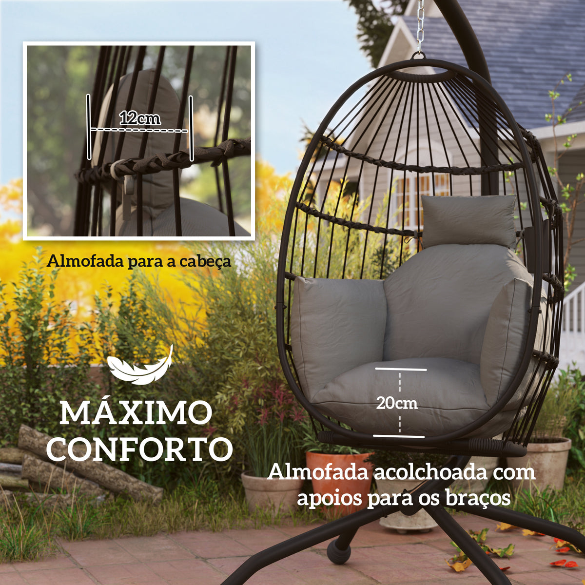 Cadeira Suspensa com Suporte Cadeira Baloiço de Jardim com Cesto Dobrável Almofada e Apoio para a Cabeça Cadeirão Suspenso para Interior e Exterior Carga 120 kg 120x88x192 cm Preto — foto 4