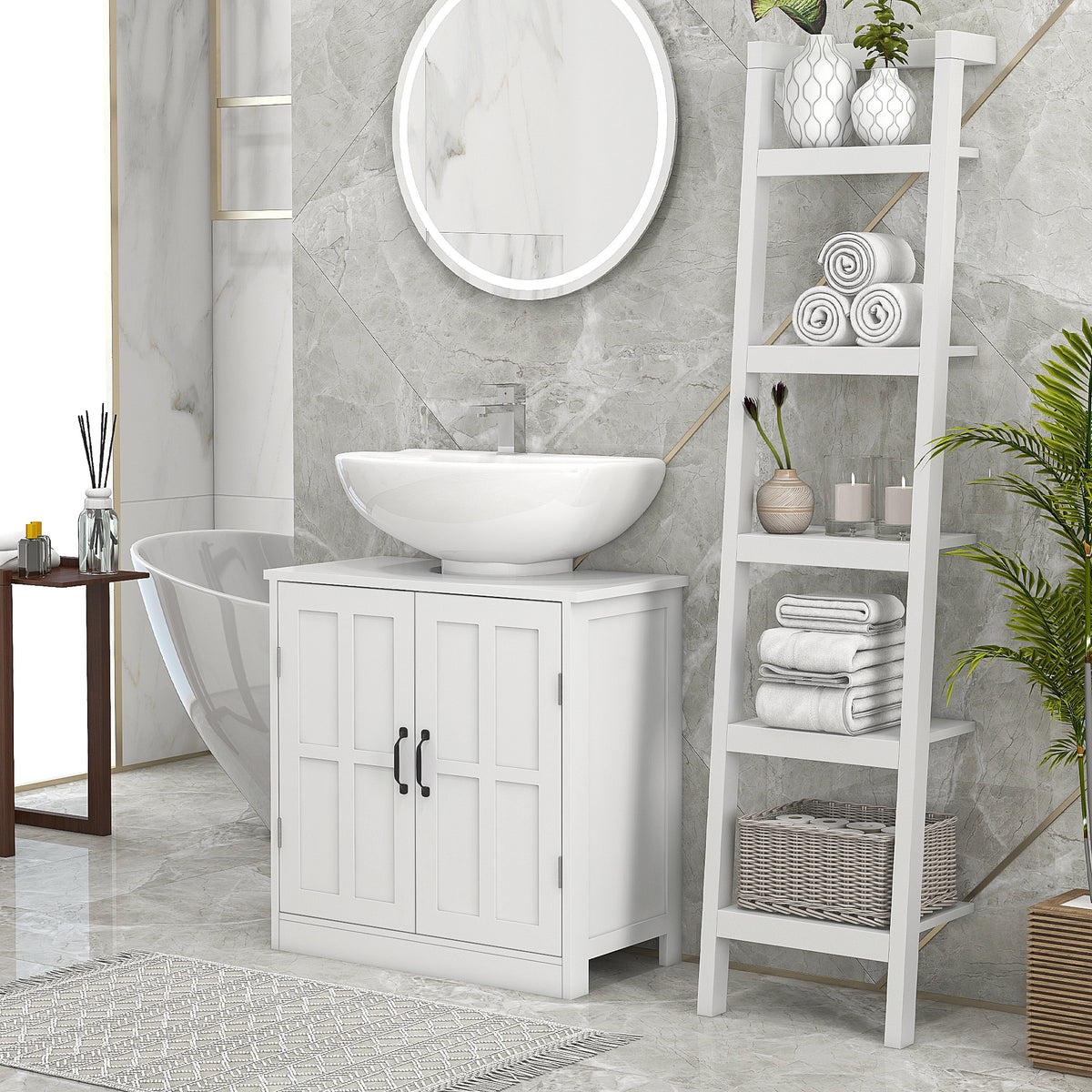 Móvel para Lavatório Pousar Armário para Casa de Banho com 2 Portas e Prateleira Interior Ajustável Capacidade 20 kg 60x30x60 cm Branco — foto 2