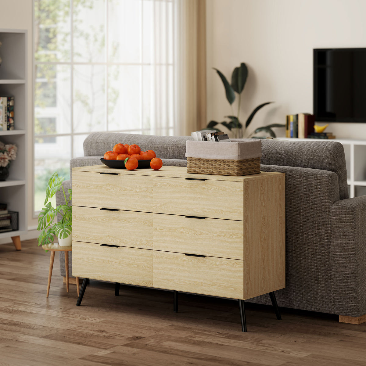 Cómoda com 6 Gavetas Cómoda para Dormitório Cómoda Moderna com Desenho Anti-Tombo para Sala de Estar Corredor 110x40x75 cm Carvalho — foto 7