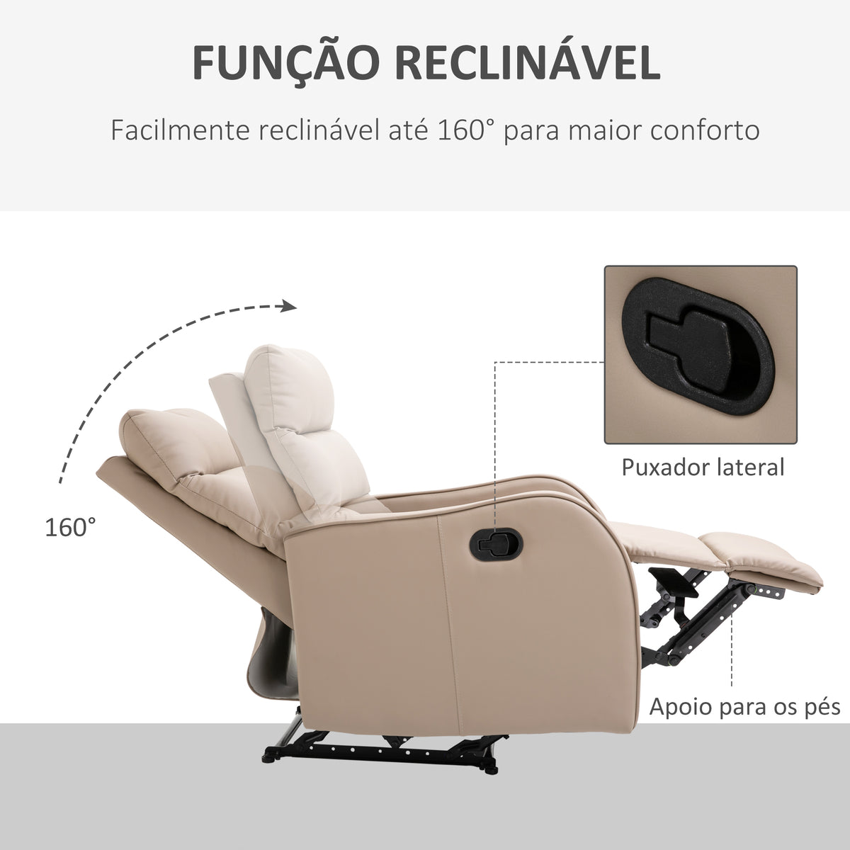 Poltrona Relax Reclinável Manual, Poltrona com Estofamento em PU e Apoio para Pés Retrátil, Acolchoamento Espesso, Reclinável até 160º para Sala, Quarto, Castanho Claro, 65x89x100 cm — foto 4