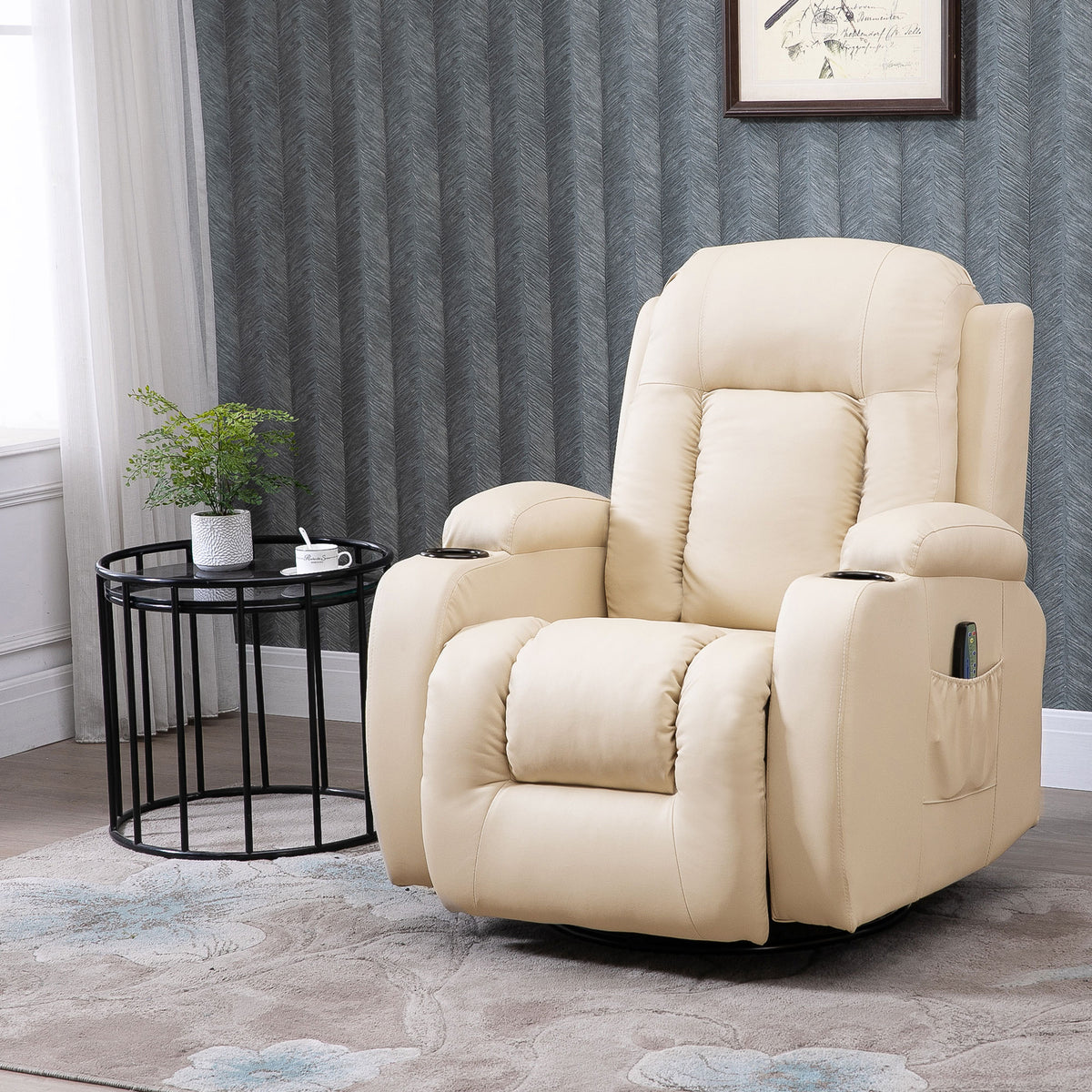Poltrona de Massagem Reclinável até 150° Poltrona Relax com 8 Pontos de Massagem por Vibração Função de Aquecimento Giratória e Controlo Remoto 85x94x104 cm Creme — foto 2