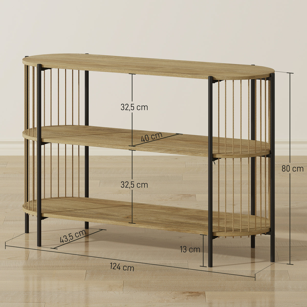 Mesa Consola com Corda de Papel Trançada à Mão Consola de Entrada de 3 Níveis com Estrutura de Aço Estilo Boémio para Entrada Sala de Estar 124x43,5x80 cm Madeira — foto 3