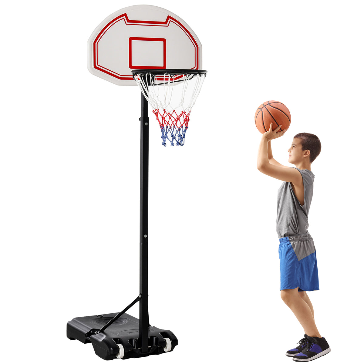 Cesto de Basquetebol com Altura Ajustável de 155-210 cm Cesto Portátil com Rodas de Transporte e Base Recheável com Água 30 kg ou Areia 35 kg para Crianças e Adultos Interior Exterior Multicolor — foto 1