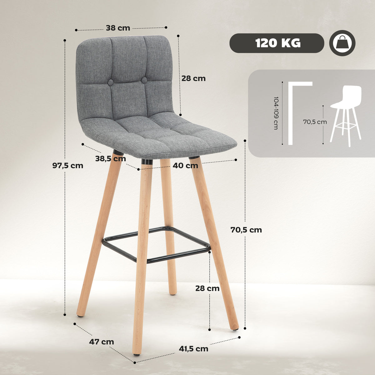 Conjunto de 2 Bancos de Bar Bancos Altos de Cozinha com Encosto Apoio para Pés Estilo Moderno Cadeiras Altas para Sala de Jantar 41,5x47x97,5 cm Cinzento — foto 3