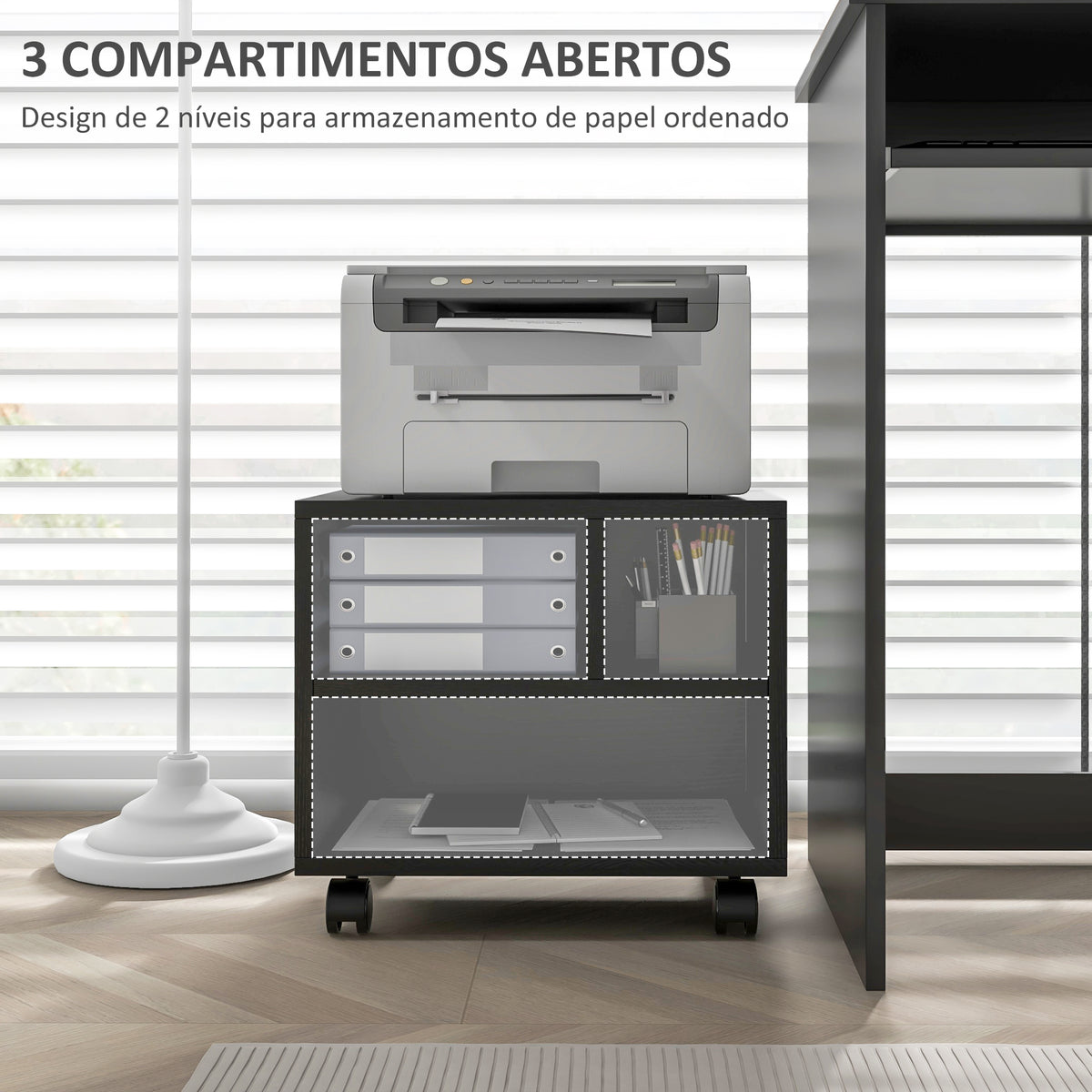 Móvel para Impressora com Rodas Suporte para Impressora com Compartimentos Abertos para Escritório Estúdio 40x30x36 cm Preto — foto 4