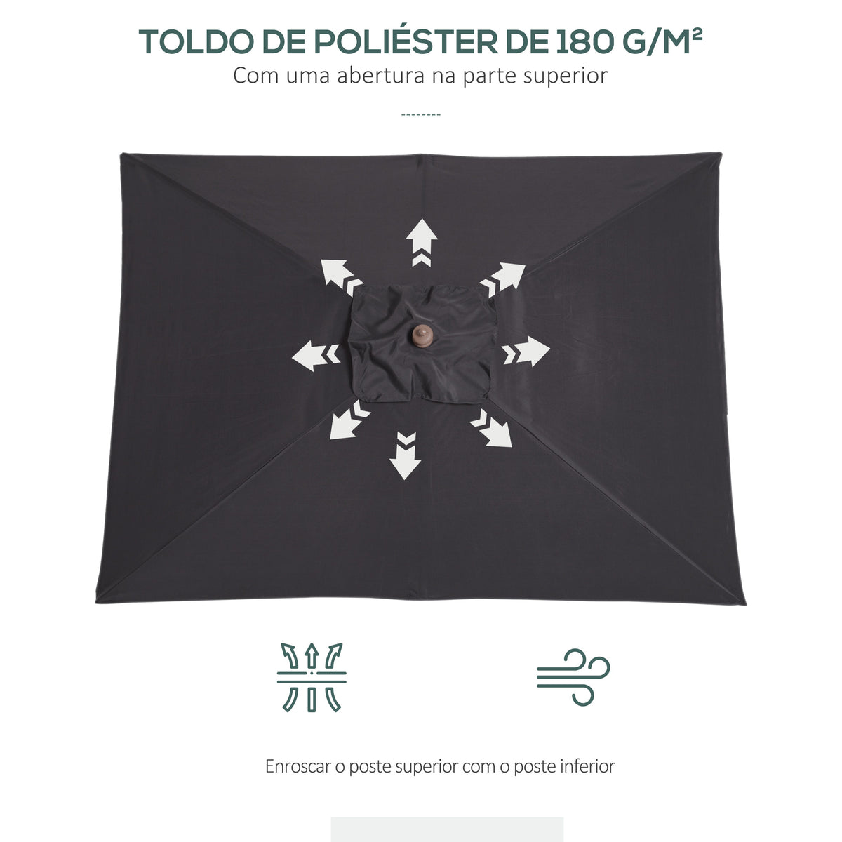 Chapéu de Sol de Jardim 200x150x230 cm Chapéu de Sol Retangular Inclinável com Polia Duplo Teto e Mastro Desmontável de Madeira para Terraço Pátio Cinzento Escuro — foto 5