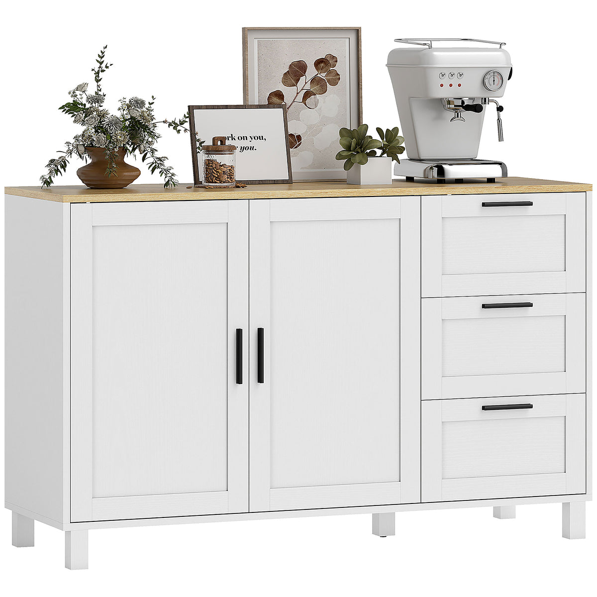 Aparador com 2 Portas Moderno para Sala de Estar com 3 Gavetas Prateleira Ajustável e Pernas de Madeira para Sala de Jantar Entrada, Quarto 120x38x76 cm Branco — foto 1