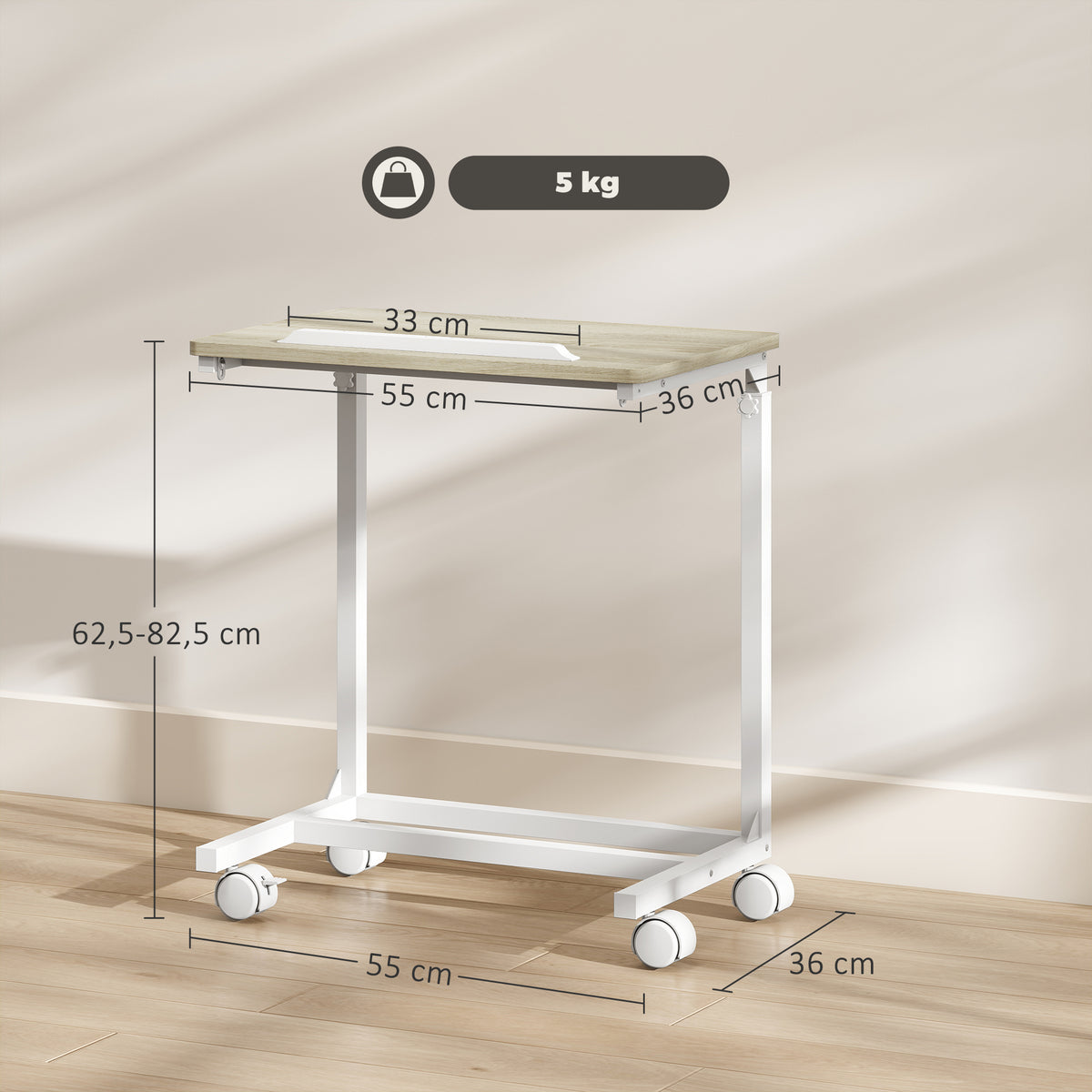 Mesa Auxiliar com Rodas Mesa para Sofá com Altura Ajustável Superfície Inclinável e Estrutura de Metal para Quarto Sala e Escritório 55x36x62,5-82,5 cm Madeira — foto 3