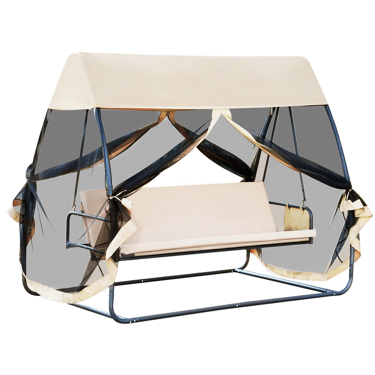 Baloiço de Jardim de 3 Lugares Convertível em Cama com Rede Mosquiteira para Terraço Balcão Exterior Carga Máxima 300kg 240x140x197cm Creme — foto 1