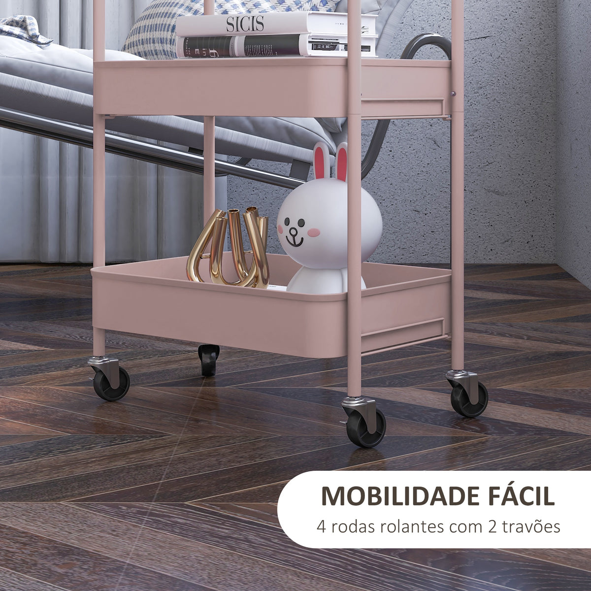 Carrinho Auxiliar de 3 Níveis com Rodas Carrinho de Armazenamento Deslizante com 3 Prateleiras 4 Rodas e 2 Travões para Cozinha Sala 45x30.6x79 cm Rosa — foto 5