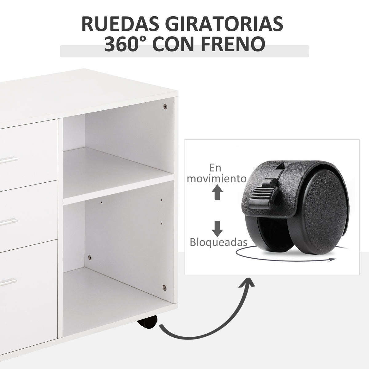 Armário de Escritório para Impressora Multifuncional com 3 Gavetas Prateleira Ajustável e Rodas 80x40x65cm Branco — foto 6
