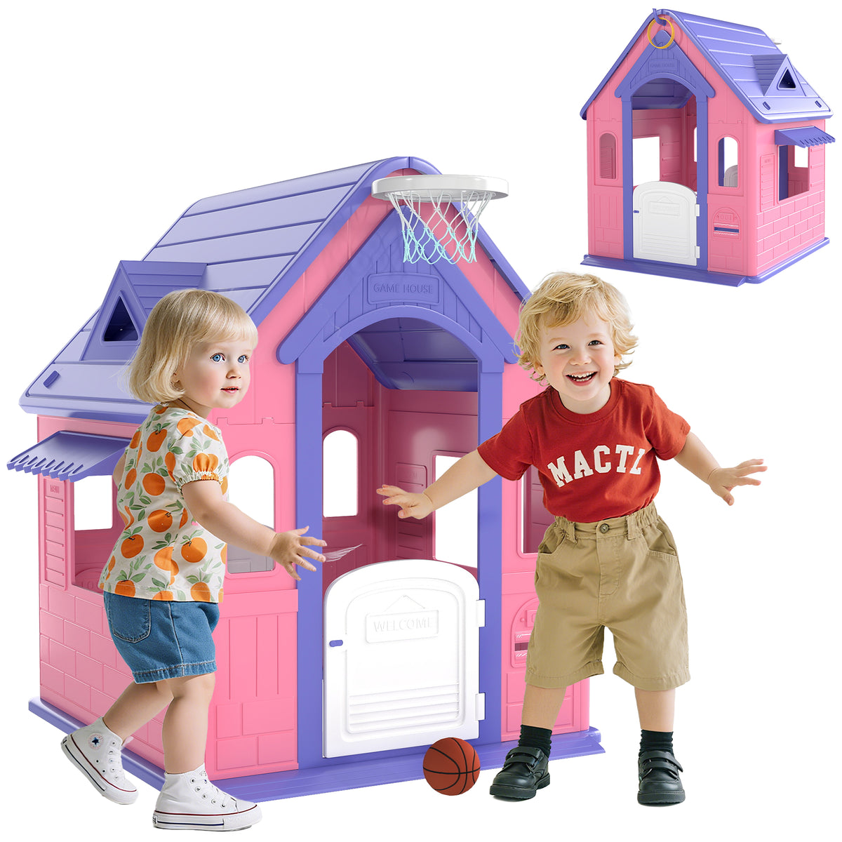 Casinha Infantil para Exterior e Interior 3 em 1 Casinha de Jardim com Lançamento de Aros e Basquetebol Casa de Jogos para Crianças de 2-5 Anos 132x118x124 cm Rosa e Roxo — foto 1