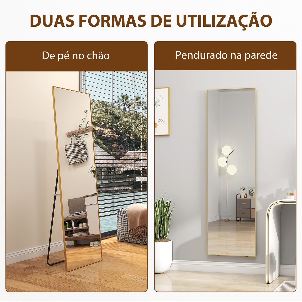 Espelho de Pé Espelho de Corpo Inteiro de Liga de Alumínio Espelho de Parede com 2 Formas de Utilização Forma Retangular para Corredor Dormitório Sala de Estar 50x161,5x2 cm Dourado — foto 5