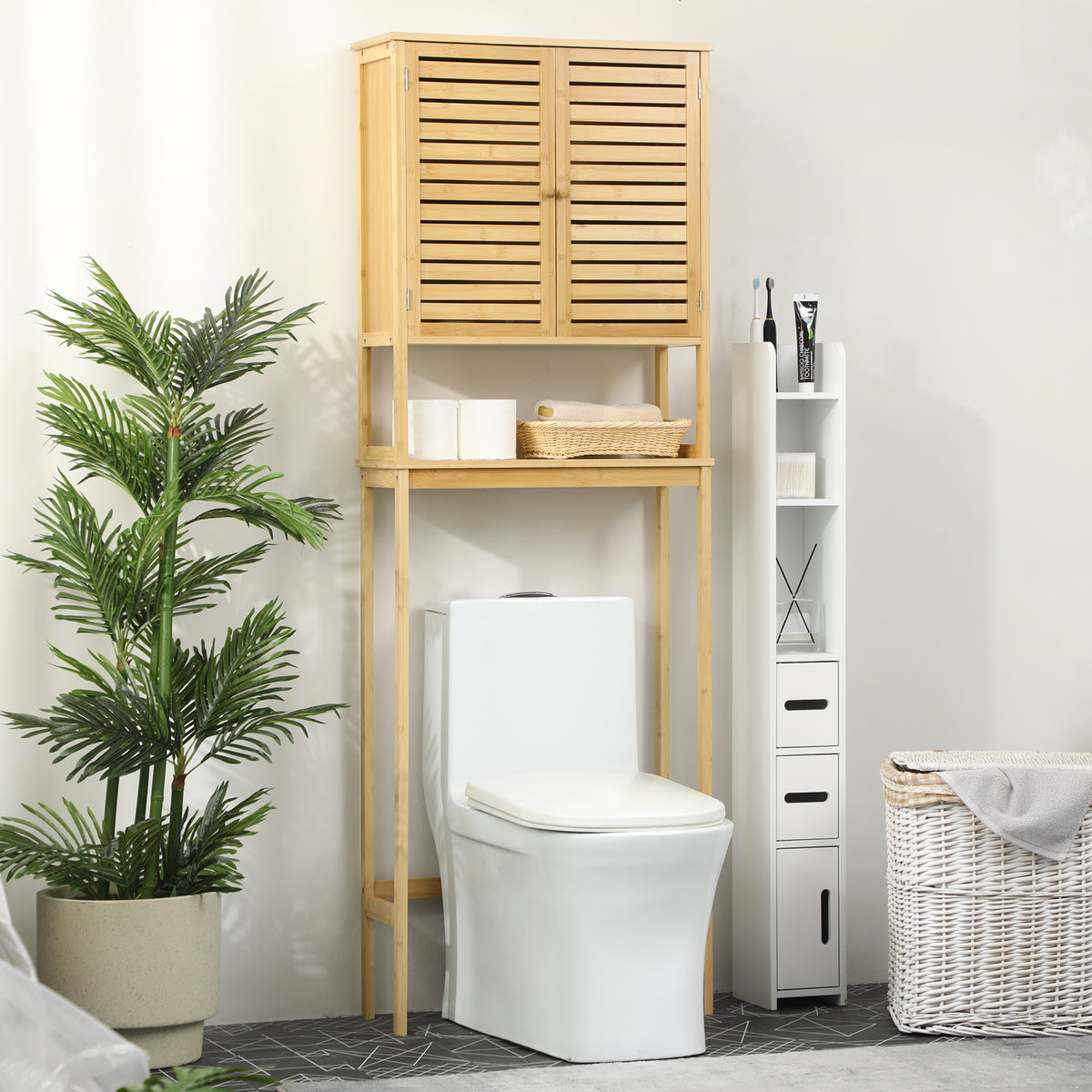 kleanklin Móvel de Bambú sobre Sanita Armário Alto para Casa de Banho com 2 Portas 1 Prateleira Interior e 1 Prateleira de Armazenamento 60x23x173cm Natural — foto 2