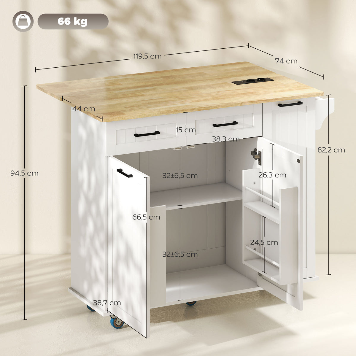 Ilha de Cozinha com Rodas Carrinho de Cozinha com Tomada USB Bancada Rebatível 2 Gavetas 2 Portas Prateleira Ajustável Porta-Temperos e Toalheiro 119,5x74x94,5 cm Branco — foto 3
