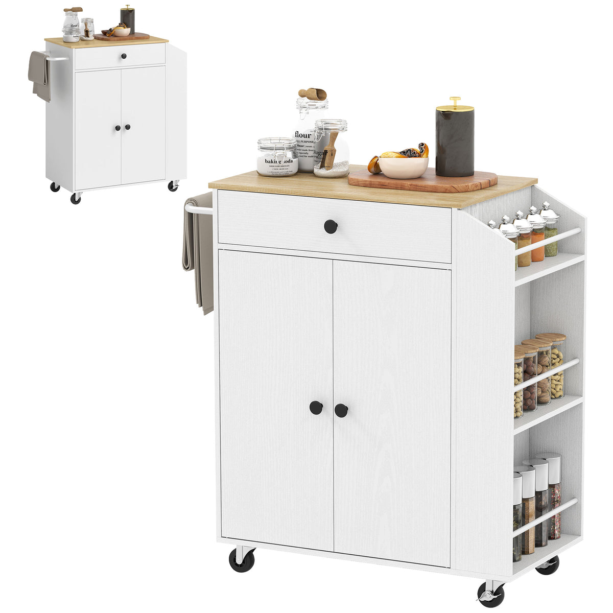 Ilha de Cozinha com Rodas Carrinho de Cozinha Móvel Auxiliar de Cozinha com 2 Portas Gaveta Suporte para Temperos de 3 Níveis e Prateleira Ajustável 82x38x86,5 cm Branco — foto 1