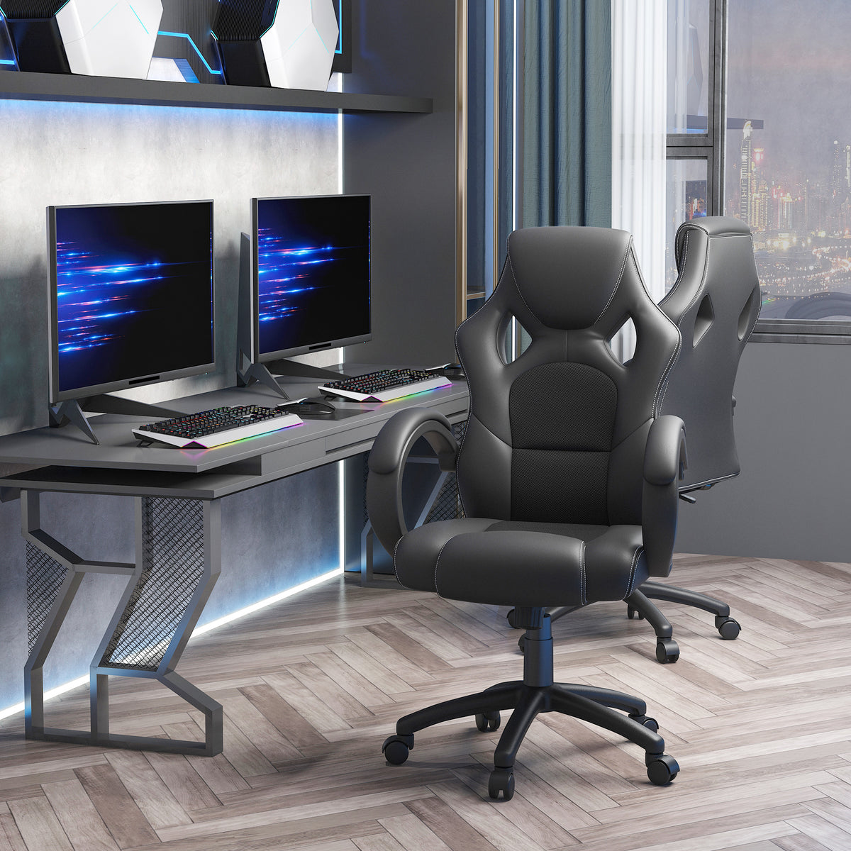 Cadeira de Escritório Ergonómica Cadeira de Escritório Giratória com Altura Ajustável Encosto Alto Estofado em Couro PU e Malha Transpirável 71x61x108-118cm Preto — foto 2