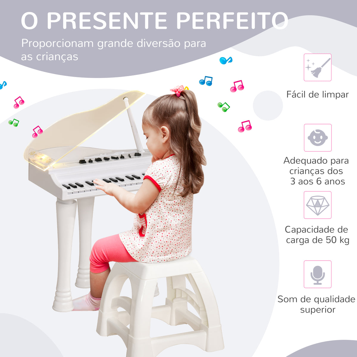 Piano Eletrónico para Crianças com 32 Teclas Piano com Microfone Banco Luzes 22 Músicas 4 Tons Pés Amovíveis e Volume Ajustável 37x30,5x60,4 cm Branco — foto 5