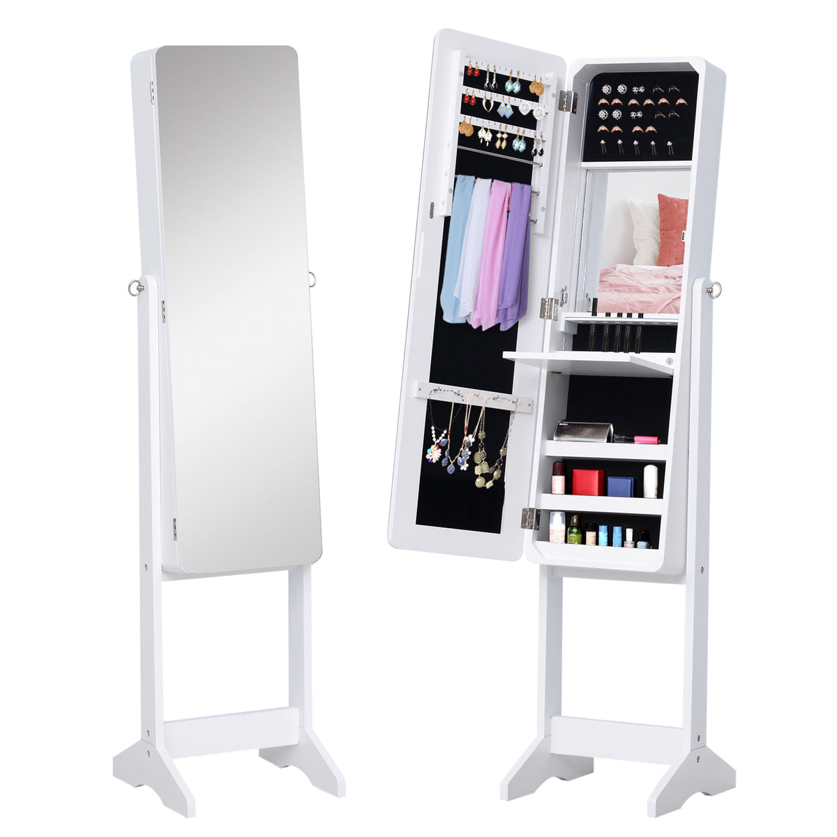Guarda-Joias de Pé, com Espelho, Armário para Joias Luzes LED de luz Reclinável Guarda-Joias Anéis Brincos Colares Madeira 30x36x146cm Branco — foto 1