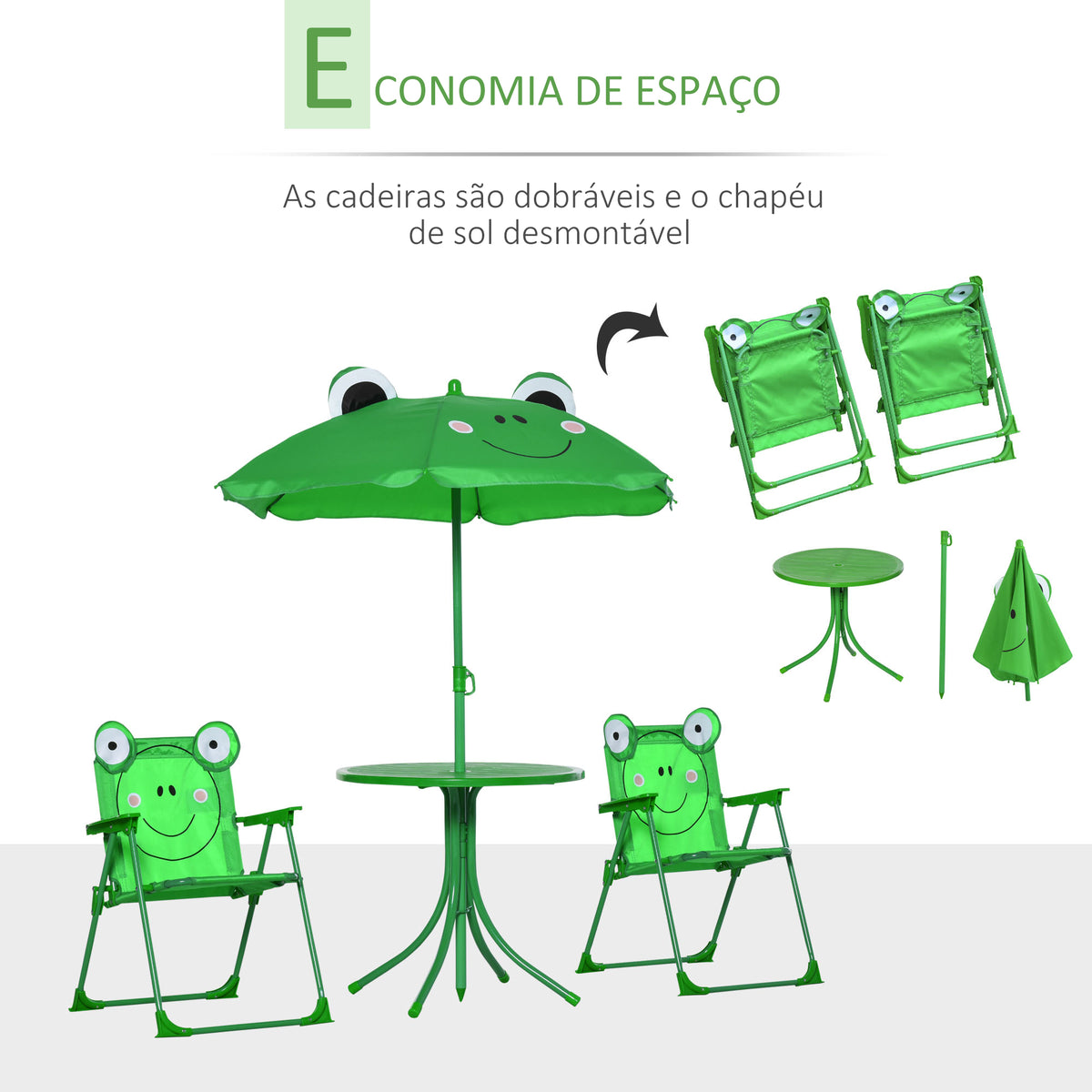 Conjunto de Mesa e Cadeira de Jardim Conjunto de Picnic Dobrável para Crianças Conjunto de Mesa com Chapéu de Sol com Altura Ajustável 100-125cm Desenho de Sapo Verde — foto 4