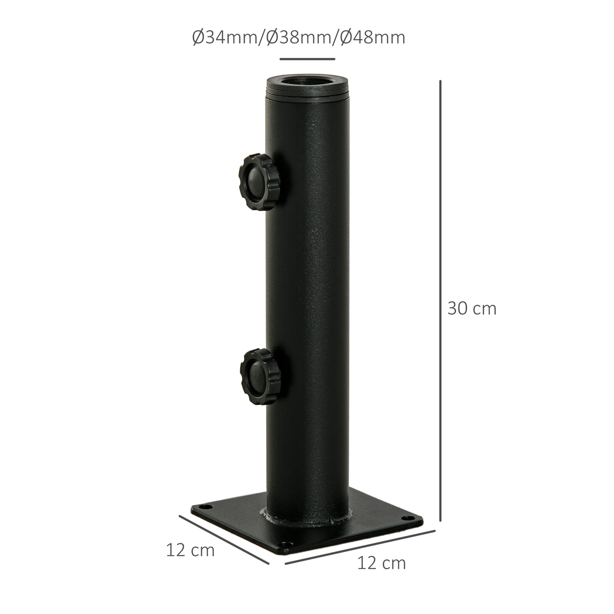 Suporte Chapéu de Sol para Chão de Cimento com 2 Botões de Bloqueio e 4 Parafusos Base de Chapéu de Sol para Mastros de 34/38/48mm 12x12x30cm Preto — foto 3