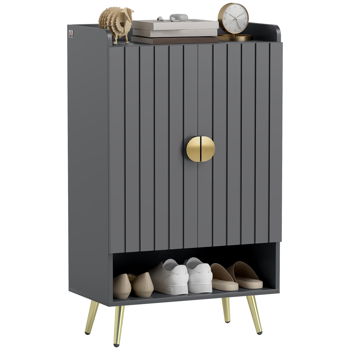 Sapateira com 2 Portas Armário para Sapatos com Prateleira Aberta e Prateleiras Ajustáveis para 15 Pares de Sapatos para Corredor Entrada 60x33x100 cm Cinza Escuro — foto 1