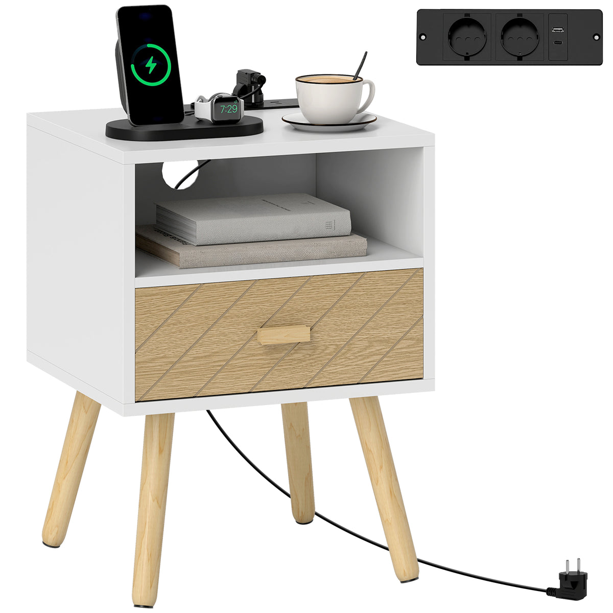 Mesa de Cabeceira com Estação de Carregamento Gaveta 2 Tomadas AC Porta USB e Tipo-C Compartimento Aberto Pernas de Madeira para Sala Quarto 40x35x54,7 cm Branco — foto 1