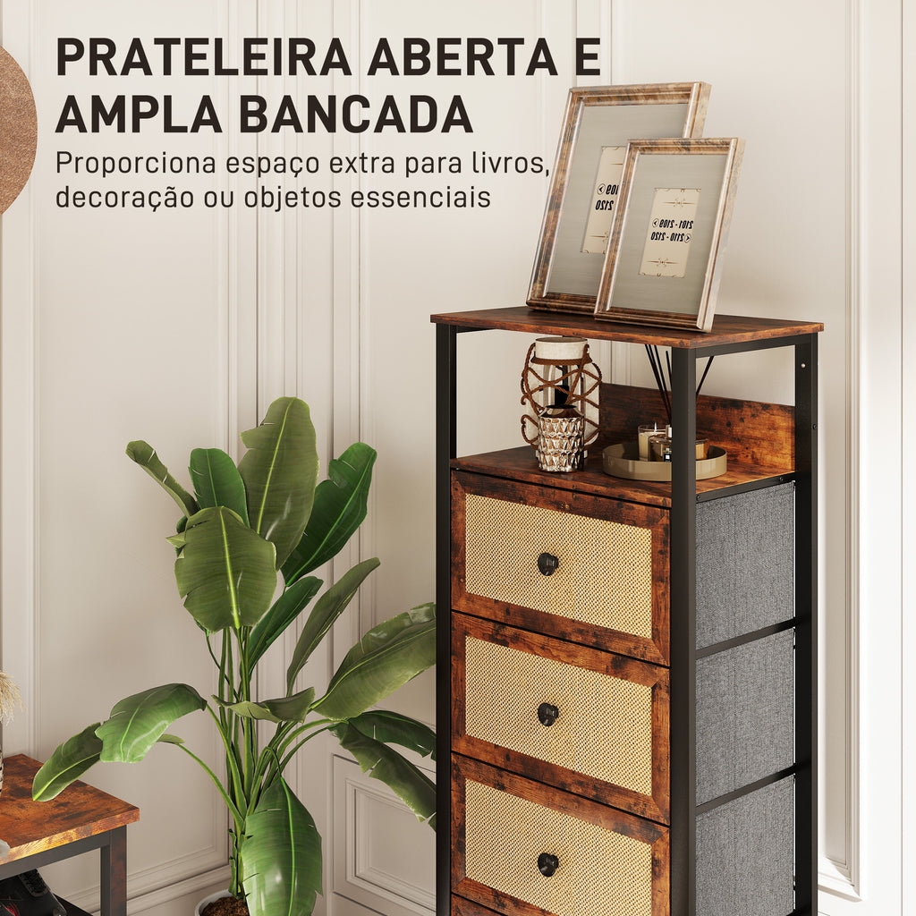 Cómoda de Tecido Cómoda para Dormitório com 4 Gavetas com Frente em Vime Prateleira e Estrutura em Aço para Sala de Estar 50x30x126 cm Marrom Rústico — foto 5