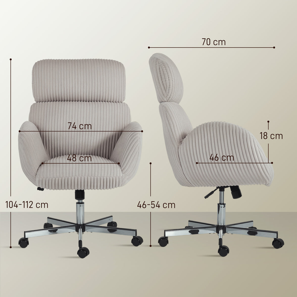 Cadeira de Escritório Cadeira de Secretária com Apoio de Braços Encosto Alto Apoio de Cabeça Regulável Rodas Altura Ajustável Giratória Função Basculante 74x70x104-112 cm Cinzento — foto 3