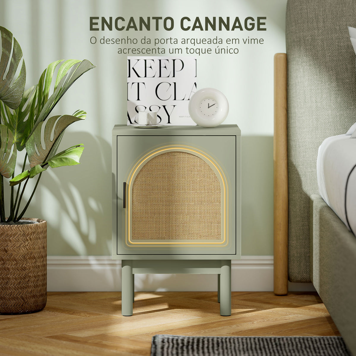 Mesa de Cabeceira Mesa de Cabeceira com Porta de Vime Prateleira Ajustável e Pés de Madeira Estilo Boémio Mesa Auxiliar para Sala de Estar Quarto 40x35x58 cm Verde Claro — foto 5
