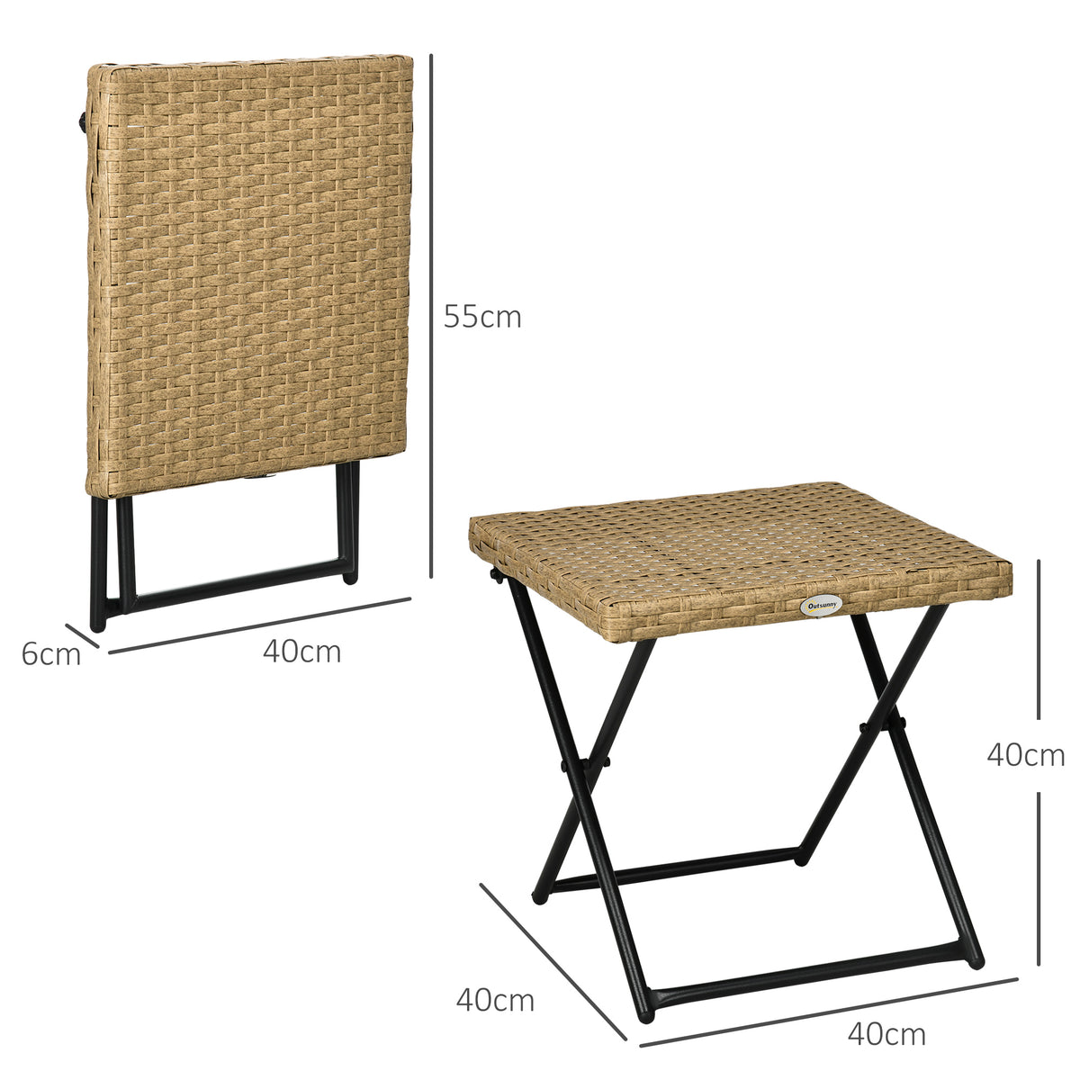 Mesa de Jardim em Vime Sintético Mesa de Terraço Exterior Dobrável com Pés Cruzados e Estrutura de Aço para Pátio Varanda 40x40x40 cm Natural — foto 3