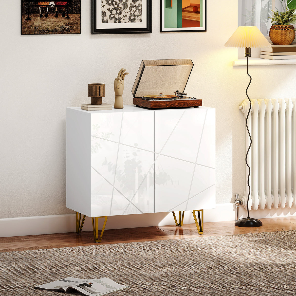 Aparador para Sala Aparador de Entrada com 2 Portas e Prateleiras Ajustáveis Armário de Armazenamento para Cozinha Sala 80x40x75 cm Branco Brilhante — foto 2