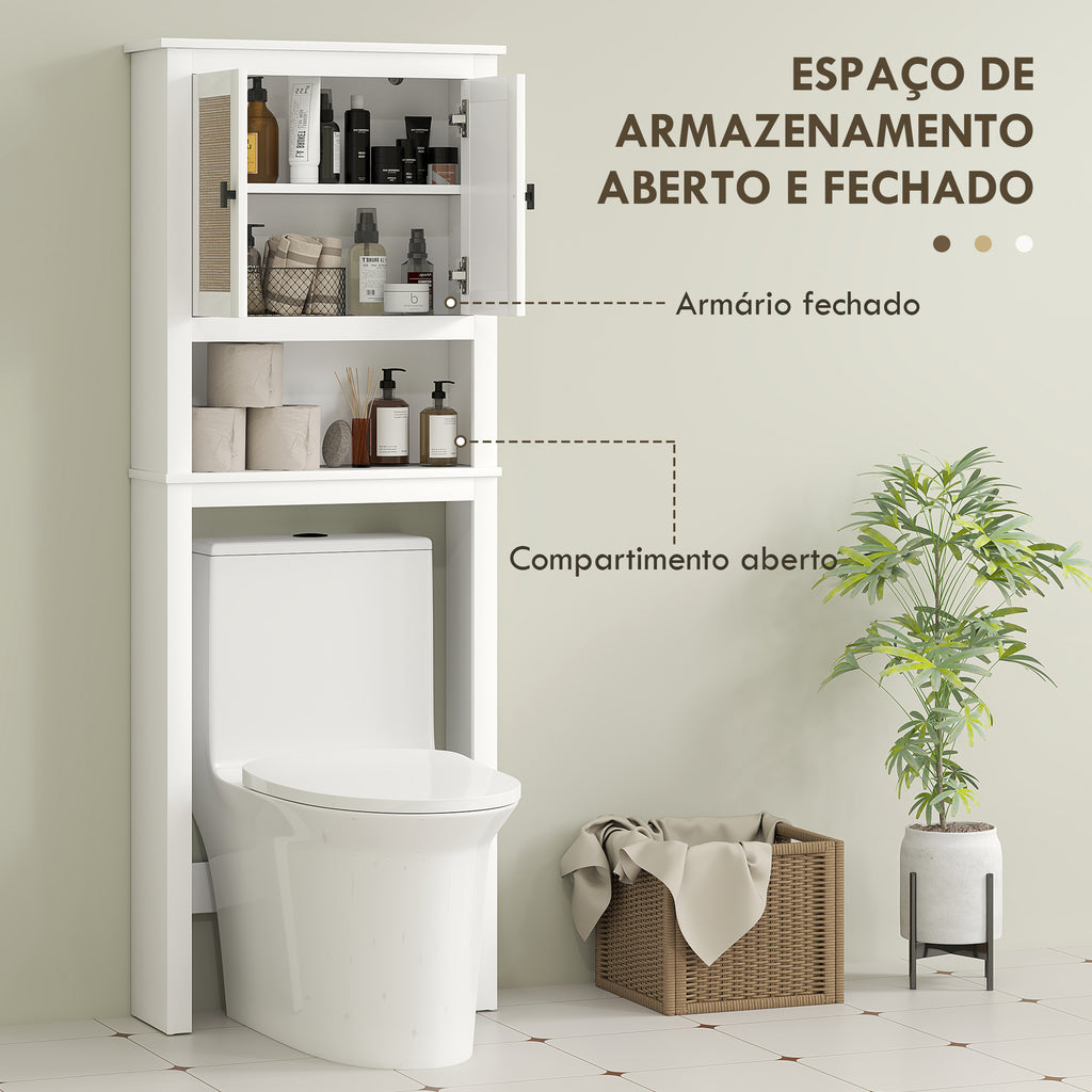Móvel sobre Sanita Armário sobre Sanita com 2 Portas com Frente em Vime Compartimento e Prateleira Ajustável Móvel Casa de Banho 60x19,5x160 cm Branco — foto 4