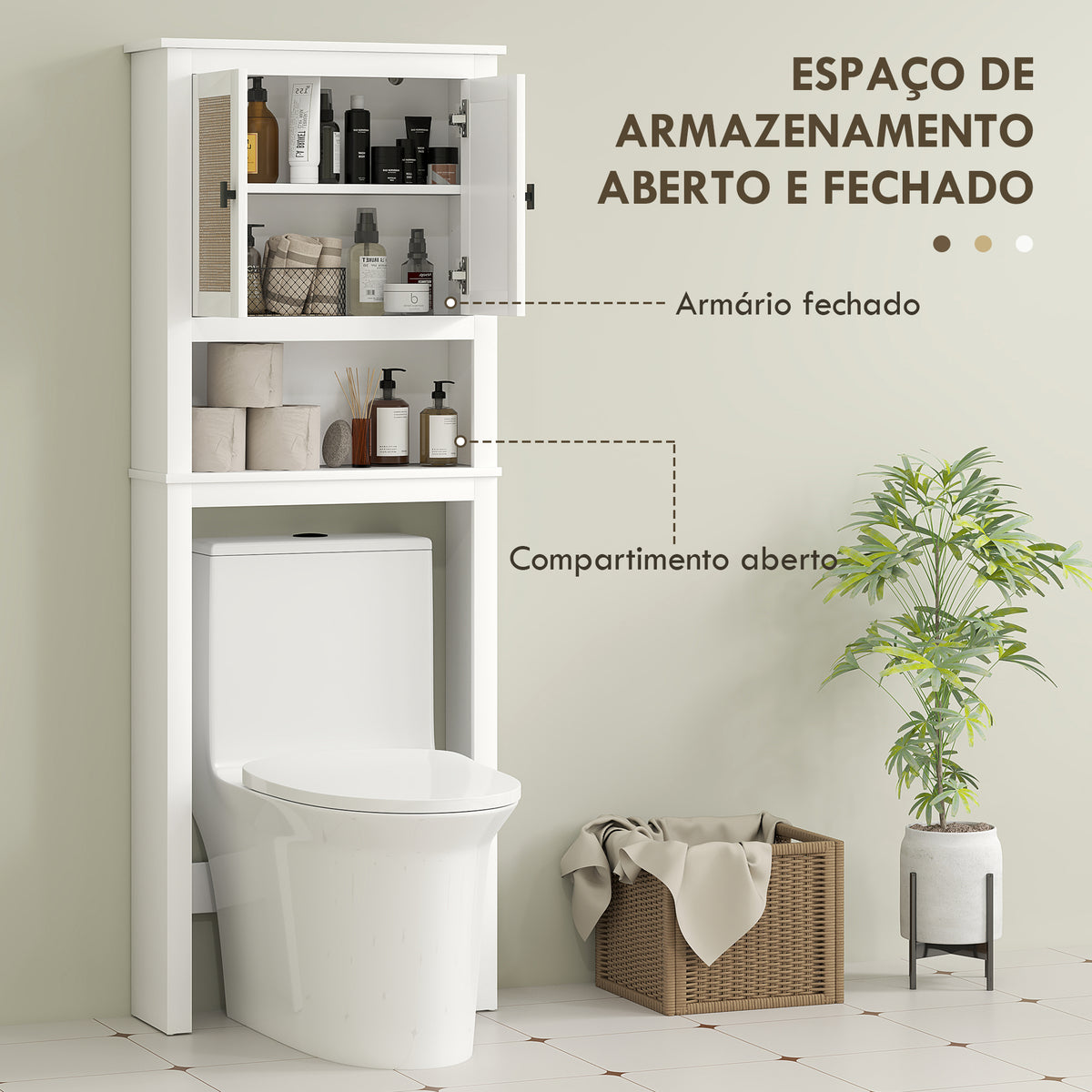 Móvel sobre Sanita Armário sobre Sanita com 2 Portas com Frente em Vime Compartimento e Prateleira Ajustável Móvel Casa de Banho 60x19,5x160 cm Branco — foto 4
