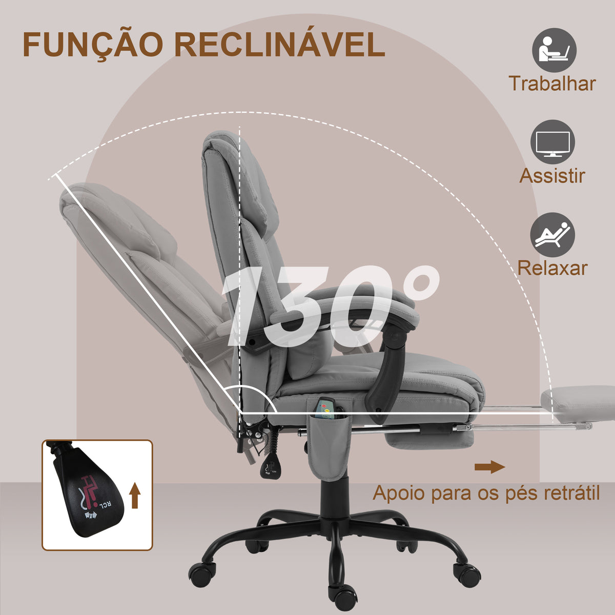 Cadeira de Escritório com Massagem de 6 Pontos Cadeira Giratória com Encosto Alto Reclinável Altura Ajustável Apoio para Pés e Controlo Remoto 66x75x112-122 cm Cinza — foto 5