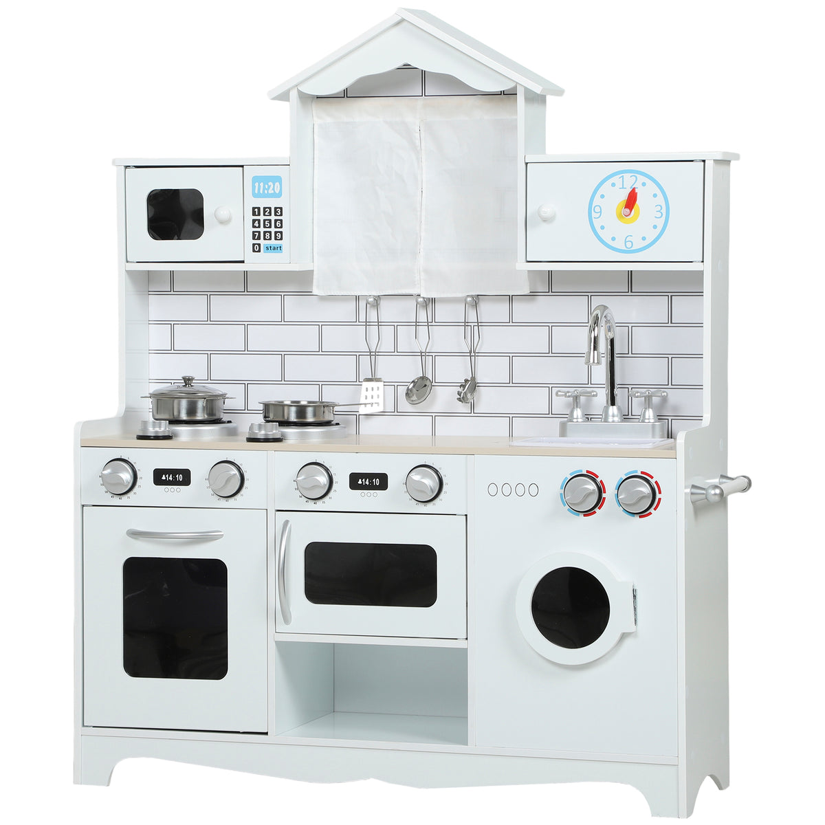 Cozinha de Madeira com Som e Cortinas Cozinha de Brincar Infantil com Acessórios em Aço Inoxidável, Máquina de Lavar Micro-ondas, Lava-Loiça para Crianças a partir dos 3 Anos 79,5x24x94 cm Branco — foto 1