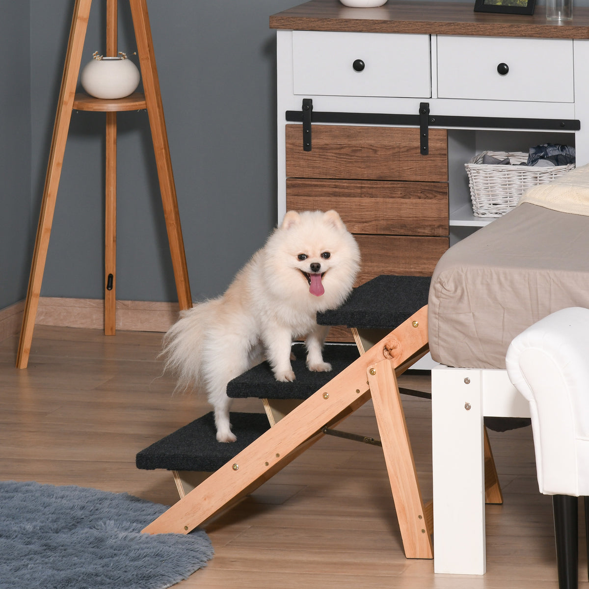 Escada de Madeira para Cães Dobrável 2 em 1 Rampa para Animais de Estimação Portátil com 3 Degraus para Acesso ao Sofá e Cama Alta 60x47x50cm Madeira Natural e Preto — foto 2
