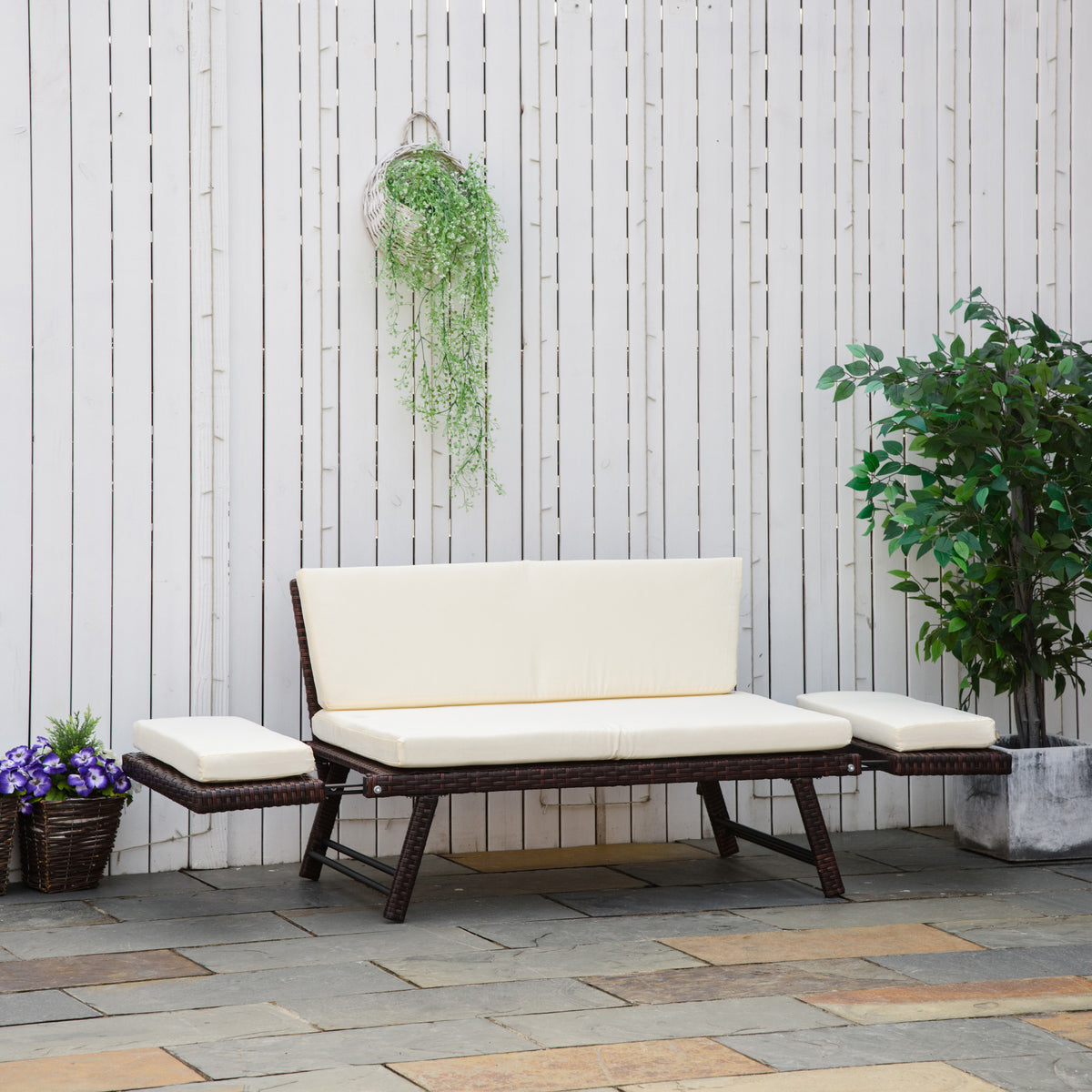 Sofá de 2 Lugares Vime Sintético Convertível em Cama Sofá de Jardim Exterior com Almofada Mobiliário Pátio Terraço 129x66x67cm Marrom — foto 2