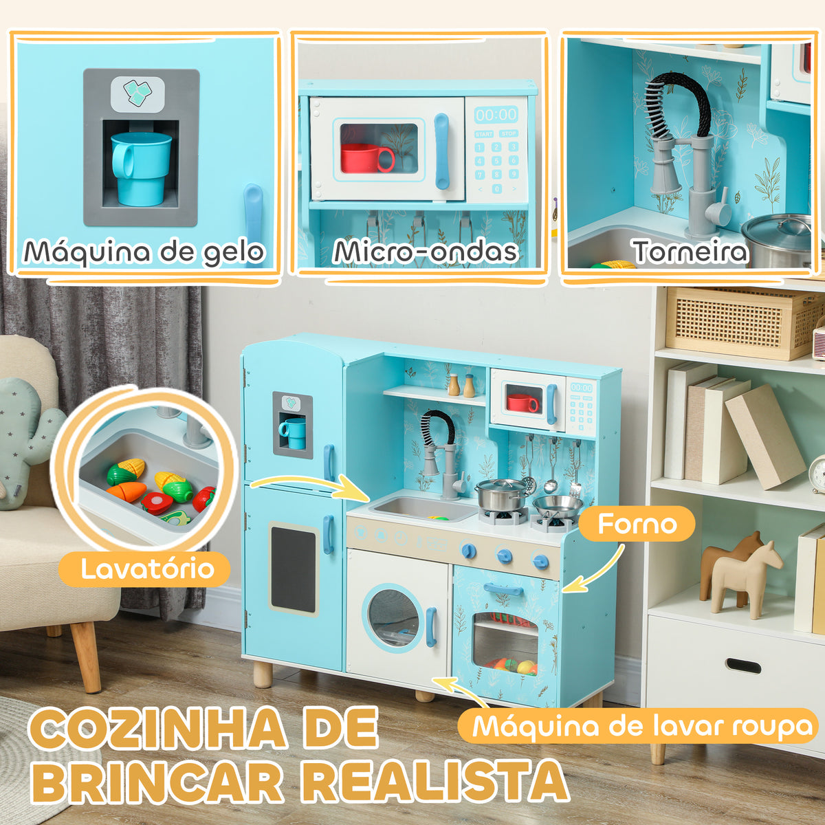 Cozinha de Madeira para Crianças acima de 3 Anos Cozinha Infantil com Sons Fogão Forno Micro-Ondas Máquina de Gelo e Acessórios 90x33,3x91,6 cm Azul — foto 4