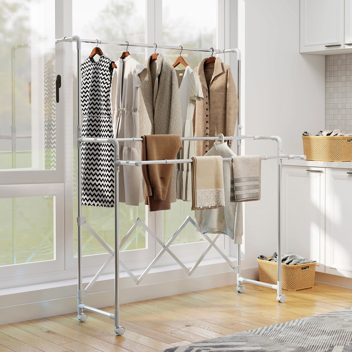 Estendal Vertical Dobrável de 3 Níveis Estendal de Aço Inoxidável com 3 Barras Ajustáveis e Extensíveis 4 Rodas para Interior 104-150x103x145-197 cm Prateado — foto 2