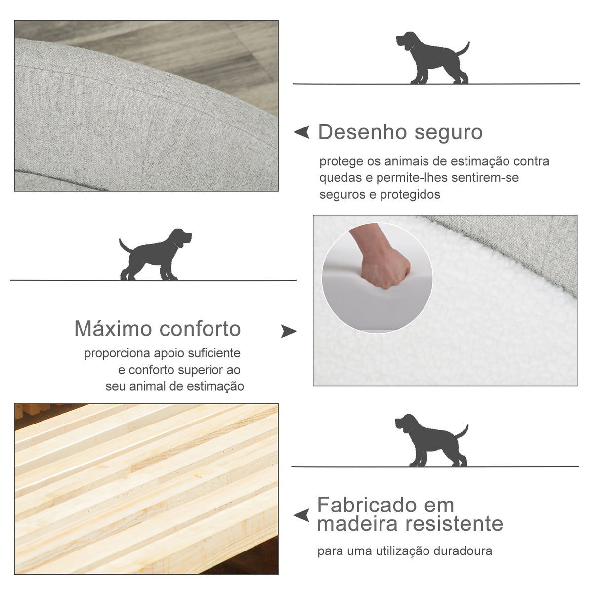 Sofá Cama para Animais de Estimação Pequenos e Medios com Almofada Acolchoada Amovível Pernas de Madeira Bordas Elevadas 81x61x24 cm Cinza — foto 5
