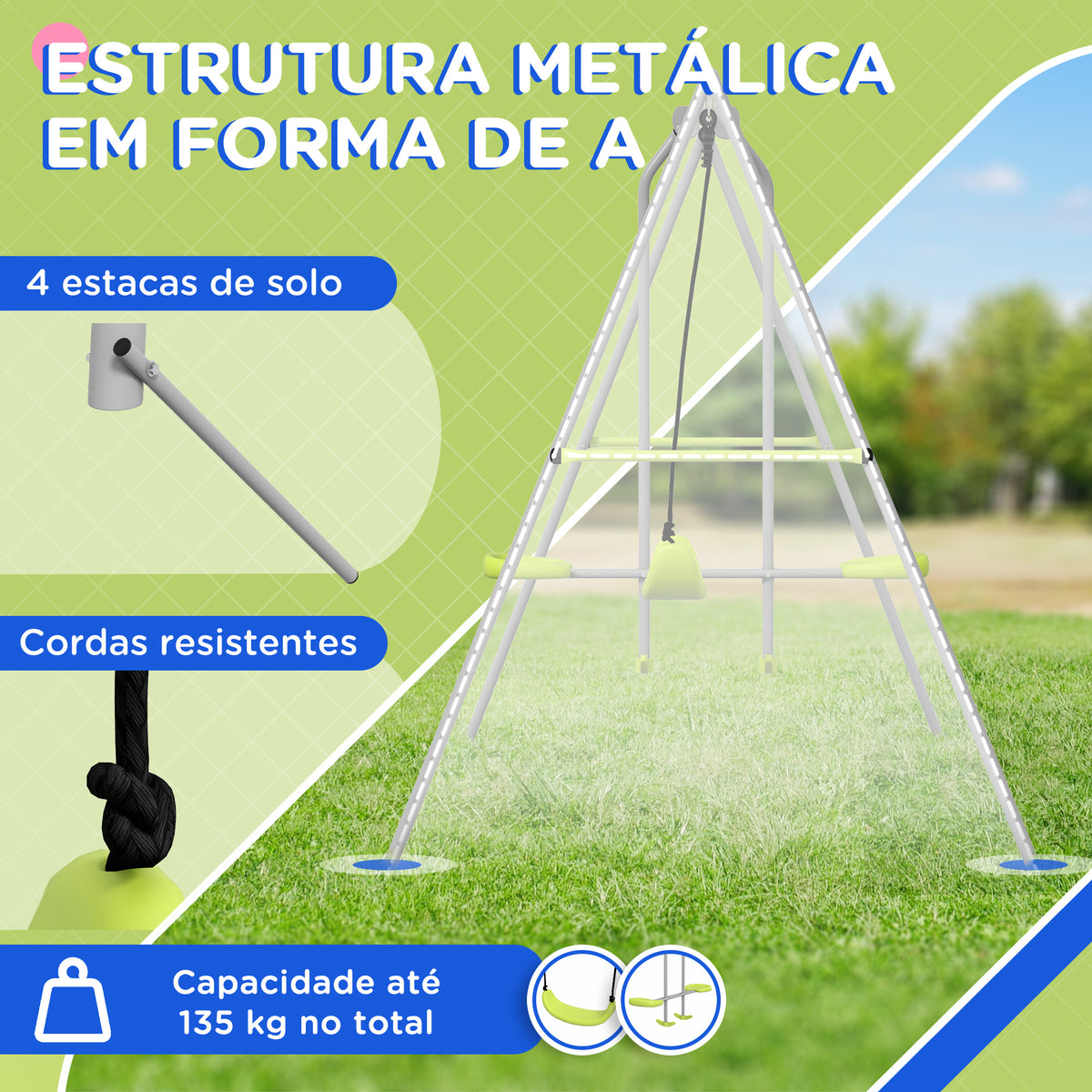 Baloiço para Crianças Baloiço Jardim com 1 Baloiço Simples 1 Planador e Anti-UV Baloiço Infantil Carga 135 kg 255x160x180 cm Cinza e Verde — foto 5